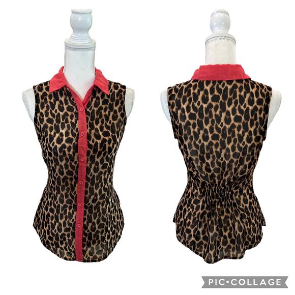 Ali & Kris Tops - Ali & Kris Button Down Sleeveless Leopard Animal Print Sheer Blouse Size Small